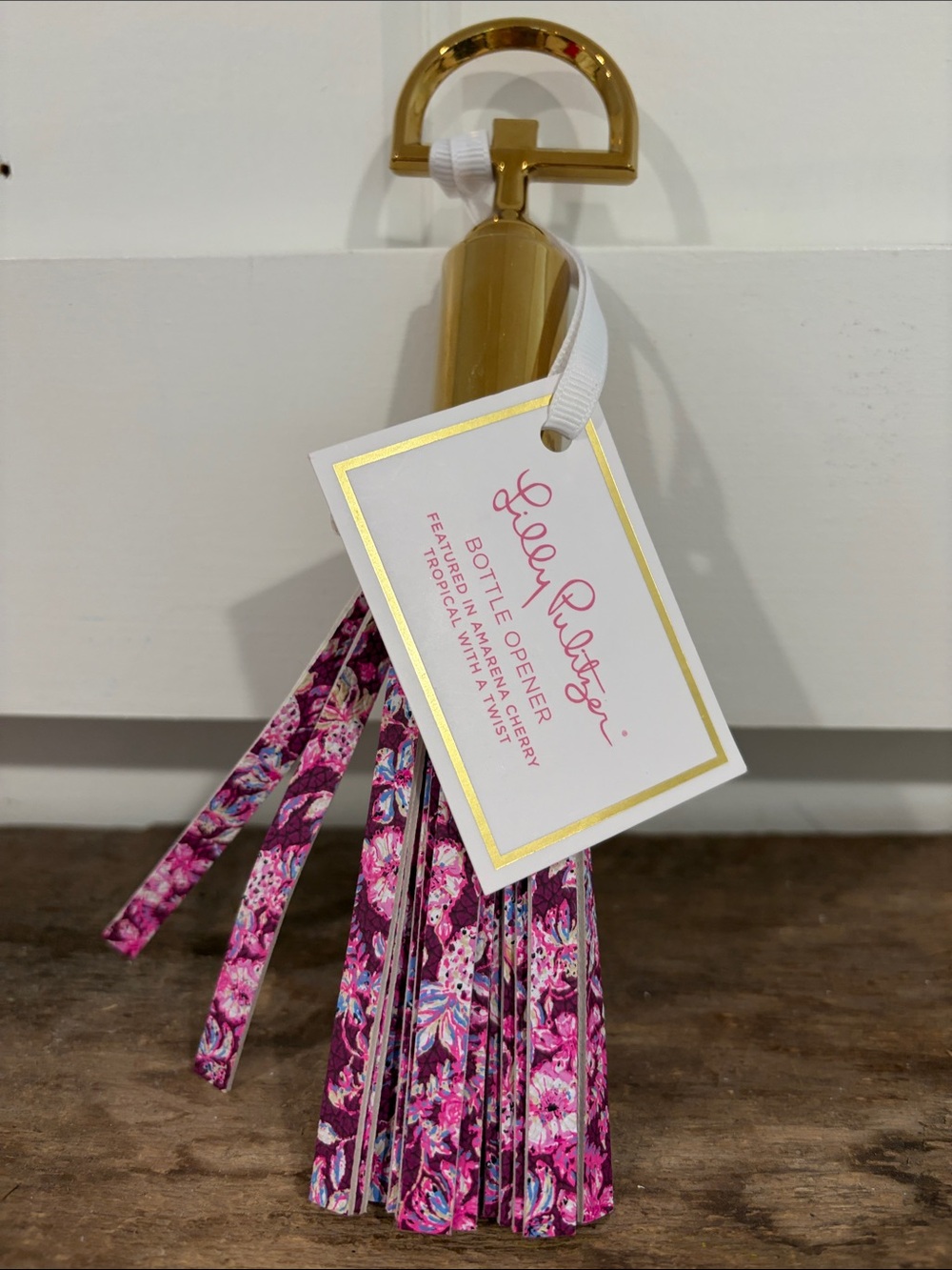 Lilly Pulitzer Pink Floral Tassel Keychain with Gold Bottle Opener